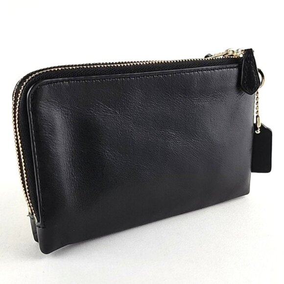 COACH Black Leather Wristlet Wallet Dual Zip Compartment Gold Tone Hardware - Picture 3 of 16